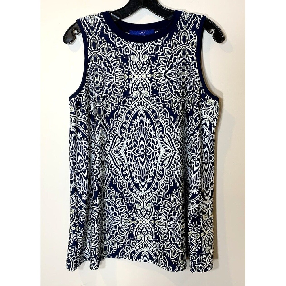 Apt. 9 Tunic Top Womens Small Sleeveless Navy Blue Boho Mandala Print Stretchy